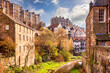 Dean Village, Edinburgh, overlooking the Water of Leith on a bright spring day.