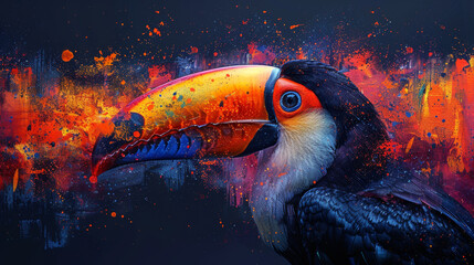 A vibrant toucan painting stands out against a dark background, showcasing the beauty of wildlife art.