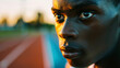 © thanakrit - Determined athlete's intense gaze at a track field during sunset