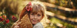 Blond Girl Holding Hen on Farm, Embrace, Sustainable Living, Animal Compassion,  Mindful Well-being Concept, Poster, Banner, Farm Life, Educational, Animal Welfare, Heartwarming Social Blog