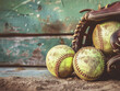 Weathered softball and gloves on the field, a nostalgic sports background