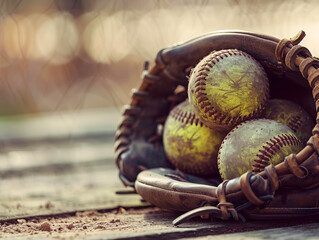 Poster - Weathered softball and gloves on the field, a nostalgic sports background