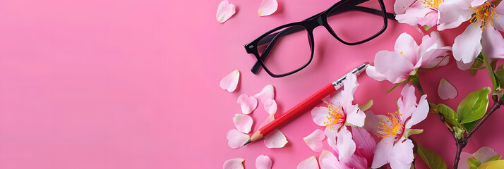 Wall Mural - Blooming flowers, rimless glasses and mechanical pencil on a pink chalkboard background with copy space for Teacher’s Day or Women’s Day concept