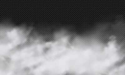 Wall Mural - Vector white cloud, misty fog pattern or fire smoke overlay effect on transparent background. Sky cloud wave or chimney smoke illustration. Nature or weather element art. Realistic smoke, fog or cloud