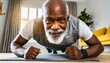  elderly man doing push-ups in his living room, focused on his fitness goals