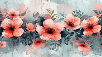 Wall Mural - A cohesive watercolor flower motif with weathered textured worn-out flower backdrop in rose and emerald. Flower meadow artwork for fabric design, card, and wall covering.