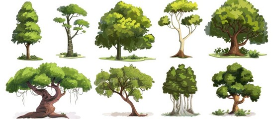 Wall Mural - Various types of trees, including oak, pine, and maple, are depicted on a white background. The natural landscape showcases the diversity of plant life in this ecoregion