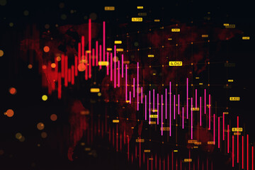 Wall Mural - Abstract downward red forex chart with map, grid and index on dark background. Financial crisis and recession concept. 3D Rendering.