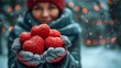 a woman holding a bunch of red hearts in her hands in front of a blurry background of christmas lights.