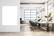 © Who is Danny - Modern spacious wooden and concrete coworking office interior with empty white mock up banner on wall, panoramic windows and city view, light walls. Workplace concept. 3D Rendering.