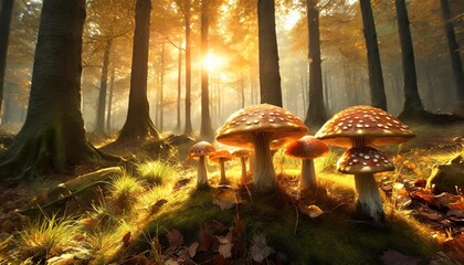 Wall Mural - beautiful glowing fantasy forest with magical mushrooms generative ai