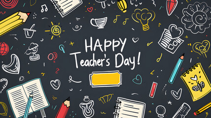 Happy Teacher's Day! With school icons, notebook and pencil on a dark background vector illustration