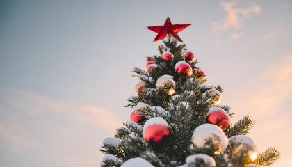 beautiful christmas tree decorated with red balls snowy christmas tree wit red star isolated