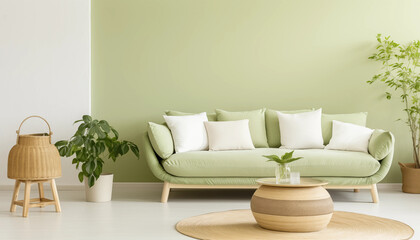 Wall Mural - Stylish living room interior with green walls comfortable sofa and elegant accessories