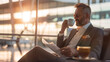 Stylish businessman enjoys a coffee while waiting in an airport lounge, bathed in warm sunlight