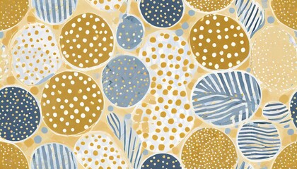 Wall Mural - seamless pattern with abstract dotted circles and stripes in yellow blue white colors abstract organic repeating pattern with hand drawn details for graphic design print packaging paper