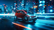 © Anoo - A sleek red electric car speeds down a bustling city street at night, surrounded by neon lights and a vibrant urban atmosphere