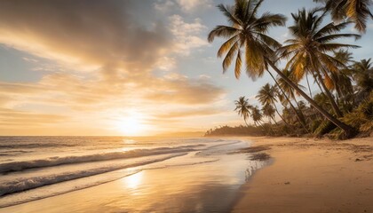 Wall Mural - evening serenity at beach with palm trees capturing picturesque sunset over sea perfect landscape for travel and sense of paradise with sandy shores and ocean waves ideal for summer holidays