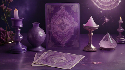 Wall Mural -  mystical Purple Tarot Cards are paired harmoniously with sparkling crystals