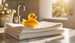 a miniature bubble bath yellow rubber duck and white towels on bathroom countertop children bath accessories baby care