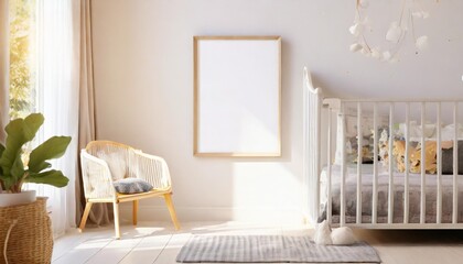 empty vertical picture frame on white wall in modern child room mock up interior in scandinavian style free copy space for your picture baby bed chair cozy room for kids 3d rendering