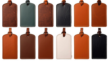 Luggage bag leather tag hanging label. Many assorted different range types isolated on transparent background