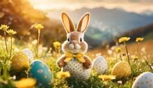 Cute Easter Bunny Toy Standing In Nature In Style Of Puppet Animation Hand Made Dressed Bunny Doll With Easter Eggs And Yellow Flowers Happy Easter Concept For Card Postcard Poster Design
