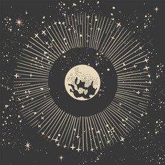 Wall Mural - mystical card with a shining planet in outer space, astrological zodiac chart, starry universe backg