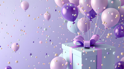 3D rendering cartoon gift box with balloons flying out of it on a lavender background. A plum and lilac color palette is used. Minimal concept design. Happy birthday party banner template