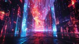 Fototapeta Nowy Jork - A futuristic cityscape with neon lights and a glowing sky. The atmosphere is one of excitement and wonder, as if the viewer is entering a new world