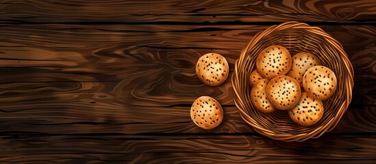 Poster - A wooden table displays a basket of potatoes, a key ingredient in many cuisines. The hardwood plank is varnished, adding a touch of elegance to the dish