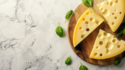 Sticker - Yellow Emmental cheese slices with distinctive holes and basil on a wooden board.