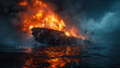 An oil tanker blazes fiercely, engulfed in flames against the backdrop of the open sea.