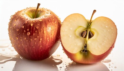 Wall Mural - red apple with half in water drops isolated on a white background