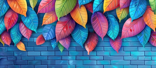 Wall Mural - A vibrant pattern of magenta and electric blue petals forms a symmetrical design on the brick wall, creating an artistic display of color and texture