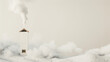 Artistic concept of a house with a smoke chimney amongst cotton clouds.