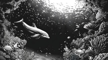 Wall Mural - A black and white image of a dolphin swimming in the ocean. The image has a moody and mysterious feel to it, as the dolphin is the only visible creature in the scene. The water appears to be murky