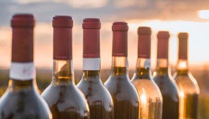 Wall Mural - a row of six wine bottles with red tops