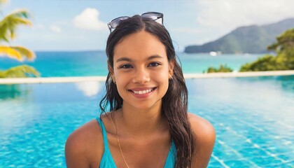 Wall Mural - Sensual young woman in swimming pool. Woman on tropical vacation paradise on sea