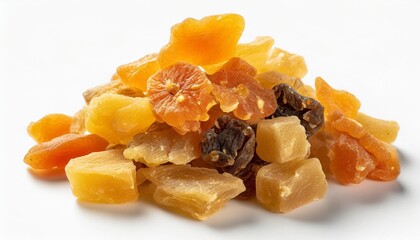 Wall Mural - heap of candied fruit pieces close up isolated on white background sweet dried pineapples oranges and papayas in sugar syrup used as filling in confectionery generate ai