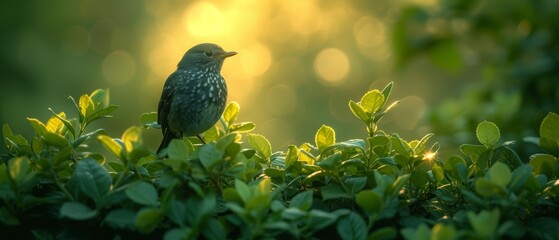 Wall Mural - a small bird sitting on top of a lush green leafy bushy area with the sun shining through the trees in the background.