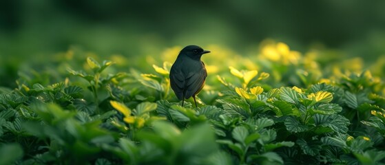 Wall Mural - a small black bird sitting on top of a lush green leaf covered field of plants in the middle of the day.