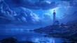 A lighthouse is on a rocky shoreline at night. The sky is cloudy and the water is calm