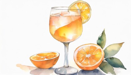 Poster - watercolor hand painted spritz cocktail glass with orange fruit simple sketch illustration on white background