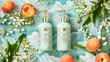 Bottles with a pump of body lotion surrounded by peaches and lily of the valley flowers against a background of clouds.