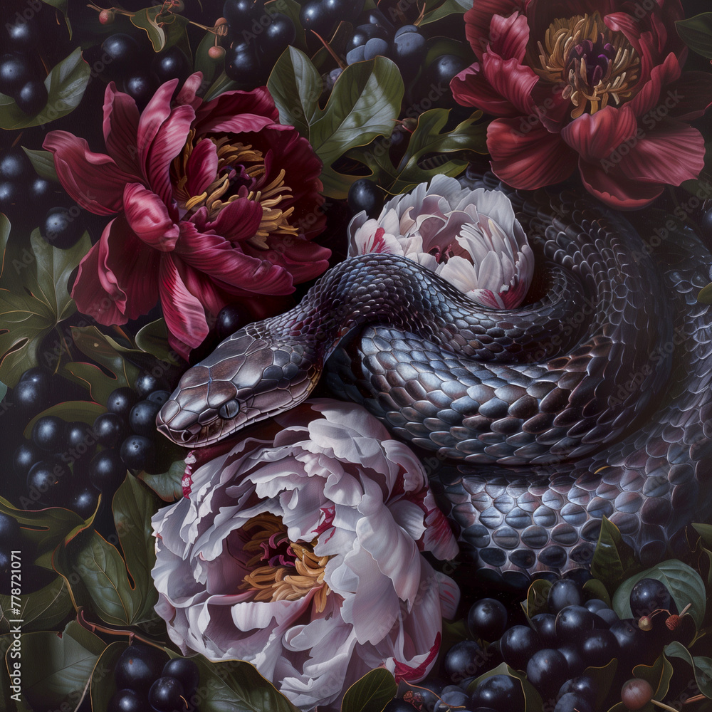 Black snakes in flowers, Aesthetic mytery photography