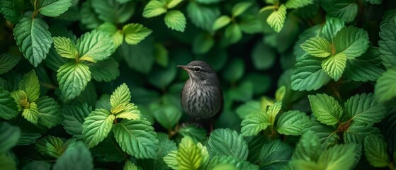 Wall Mural - a small bird sitting on top of a lush green leaf filled field of leaves with a small bird perched on the top of the leaf.