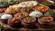 A colorful array of Indian dishes presented in traditional earthenware bowls on a wooden table, perfect for culinary concepts and restaurant advertising. 