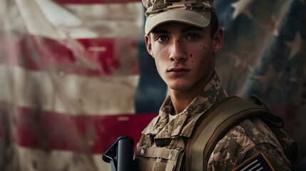 Poster - A male soldier with a clean-shaven face and a uniform stands against a military base background