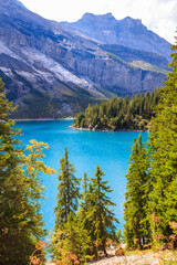 Poster - View of Oeschinen lake (Oeschinensee) and Swiss Alps near Kandersteg in Bernese Oberland, Switzerland